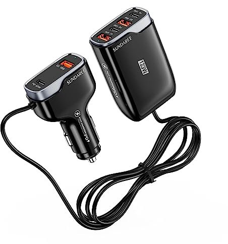 SUNDAREE Auto Ladegerät Multiport,123W USB C 6 Port 12V QC PD Type C Kfz Schnellladen 1.75M Kable Rücksitz Zigarettenanzünder Adapter für Samsung A56/iPhone 17/Redmi Not 15/Google/MacBook/Galaxy Tab
