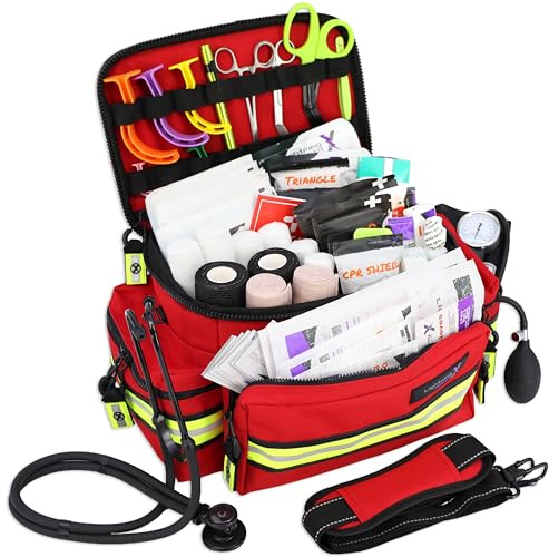 Lightning X Mid-Sized First Responder EMT Bag | LXMB25 | Fully Stocked w/ 240+ First Aid, EMS & Trauma Supplies - RED