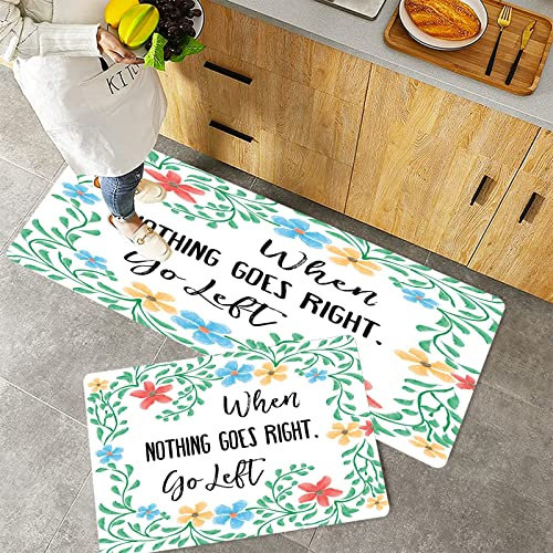 Küchenteppich Teppich Läufer Küchenläufer 2 Stück rutschfest,Lustige Worte, frische Aquarell Blumen Frame mit einem inspirierenden Spruch über das Lebe, Waschbar für Flur Küche 40 x 100 cm+40 x 60 cm