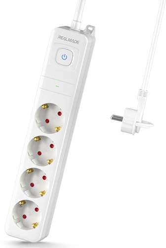 RealMade 4-vägs grenuttag, överspänningsskydd 1060J 3M platt kontakt flera uttag 3 680 W grenuttag med barnskydd och väggmontering, vit
