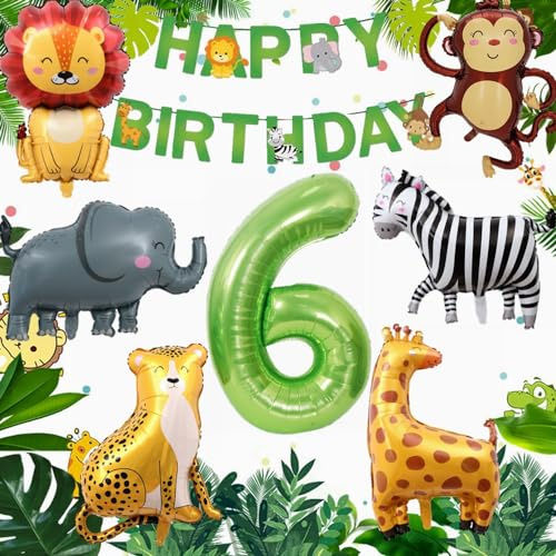Yunchu Online Deko 6. Geburtstag 6 Jahr Dschungel Dekoration 6. Geburtstag Dekoration Junge Mädchen Dschungel Tiere Folienballons Luftballons