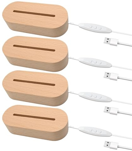 EATAKWARD 4 Pcs 5.9 Wood Rectangle Light Display Pedestal, Wooden Display Base for Light Dimmable Colorful Lights Lamp Stand with USB Cable for Acrylic, Crystal, Night Light (Inner Slot, Oval base)