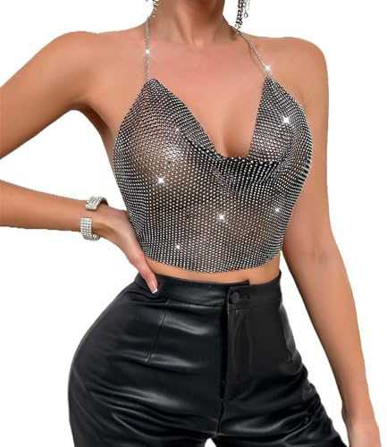 Faxianther Damen Halter Top Glitzer Crop Top Diamond Tube Top Sexy Tief V-Ausschnitt BH Neckholder Bauchtanz Oberteil Tank Top Bauchfrei Camisole Trägerlos Top für Party Tanzen Raves