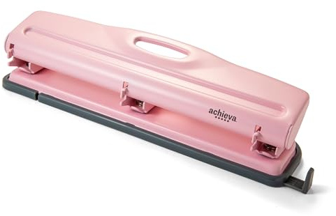 Achieva 3-Hole Punch, 12-Sheet Capacity, Manual Paper Punch with Chip Tray & View Window, Steel Construction, Pink ((90142))