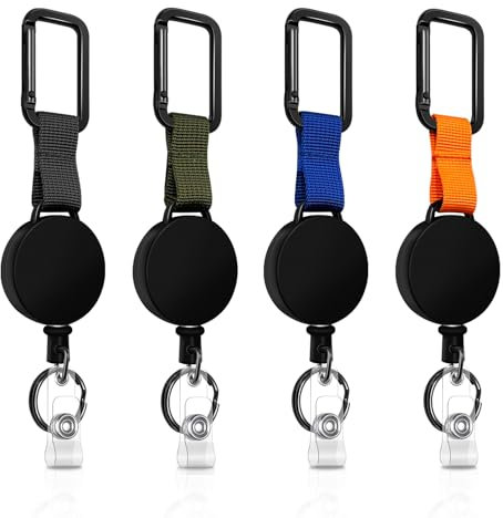 Jojo Ausziehbarer Schlüsselanhänger mit 60cm Stahldrahtseil, Karabiner, Ausweishalter in 4 Farben