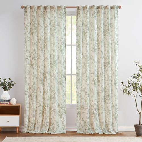 TOPICK Leinen Gardinen Floral Vorhänge mit verdeckten Schlaufen Lichtdurchlässig Bauernhaus Lang Gardinen Fensterschal für Wohnzimmer Schlafzimmer Fenster,2er Set 140 B x 210 H (cm),Grün auf Beige