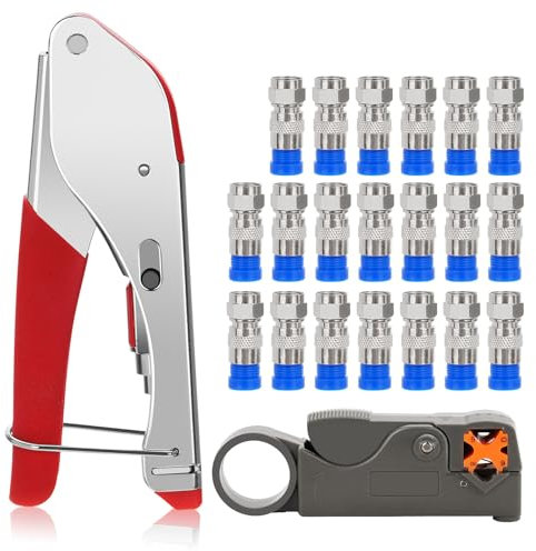 Sexyhot Pince à Sertir à Compression de Type F, Kit d'Outils de Sertissage de Câble Coaxial, Coupe 9mm + 20 Connecteurs, Pince Coupante RG59 RG6, Pour la Télévision par Câble(480g)
