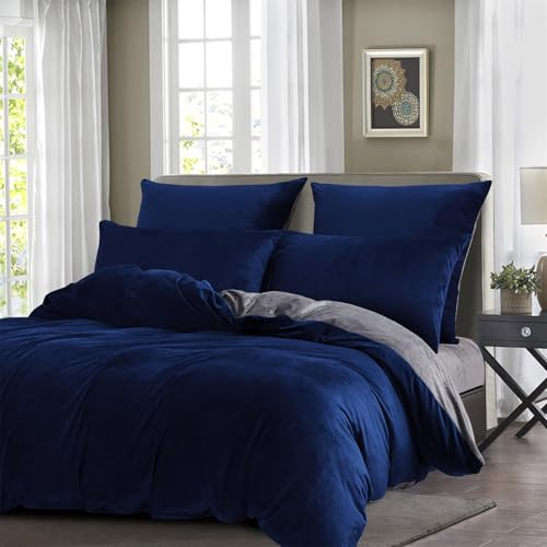Gezu Copripiumino in flanella di velluto 220x240cm blu scuro e grigio invernale, set biancheria da letto matrimoniale double face soffice e caldo per 2 persone con 2 federe 65x65cm e chiusura lampo