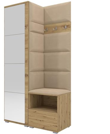 RAVIO Flurgarderobe 100 cm mit Kleiderschrank & Spiegel, Garderobenset Flur mit Schuhschrank, Sitzbank, Garderobenpaneel, Wandpolster & Push to Open Türen - Artisan Eiche/Wandpaneel Beige