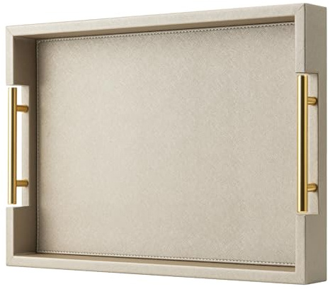 Champagnerfarbenes Kunstleder-Serviertablett mit Griffen, 43,2 x 30,5 cm, großes dekoratives Tablett für Ottomane, Couchtisch, Dekoration, Wohnzimmer, Küche, Badezimmer