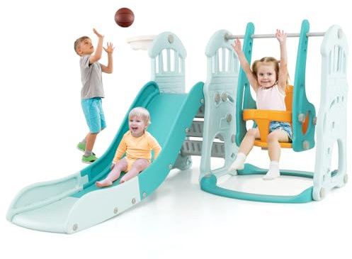 GOPLUS 4 en 1 Toboggan Interieur Exteirue Enfant Pliable, Aire de Jeux Enfants avec Glissière, Balançoire Réglable 29/34,5/40CM, Panier Basket, Jouet pour Garçons Filles 1,5 Ans, Charage 30KG