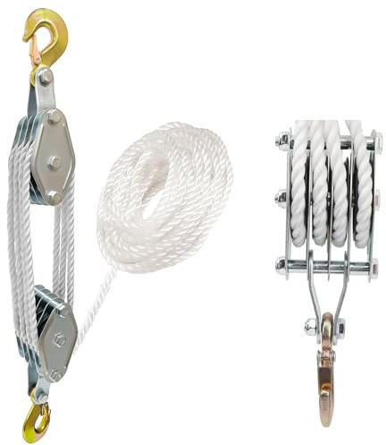 Max Load 2000kg Pulley Hoist System with 20m Nylon Rope, Lifting Power Pulley Block for Moving Heavy Objects, Hand Lifting Block,Tackle System, Heavy Duty Galvanized Steel Hook for Garage, Warehouse