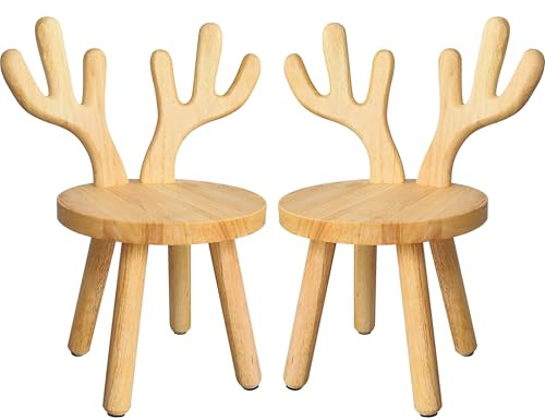 Yier Mei 2 Pcs Deer Antler Solid Wooden Stool, Customized Deer Ear Backrest Chair Stool Ideal for Kids and Adults, Perfect for for Eating, Reading, Playing,Garden, Fishing(Wood Color)