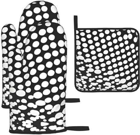 Set di 3 guanti da forno e presine con motivo natalizio a pois bianchi e neri, regalo per la famiglia per la cucina, resistenti al calore, set da 3