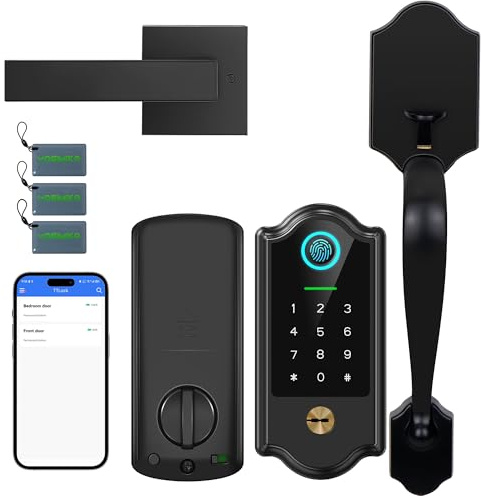 Smart Fingerprint Door Lock for Front Door – Keyless Entry Deadbolt with Handle Set, Digital Keypad, App Control, Auto Lock, Easy Install, Matte Black