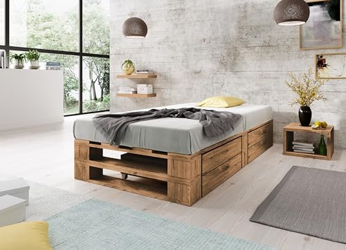 Lermowood Palettenbett M2 aus Holz 80 x 200 cm Eiche mit Lattenrost und 2 Bettkästen Holzbett 40cm Stabiles Seniorenbett Kinderbett Jugendbett Gästebett erhöhtes Bettgestell Futonbett Komforthöhe