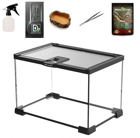 Terrarium für Reptilien-Set, 30 * 20 * 20 cm Aufzuchtbox aus Glas Terrarienstarterset mit Lichteimer Thermometer Kleines Becken mit Steinmuster Futternapf Pinzette und Kleine Gießkanne für Reptilien