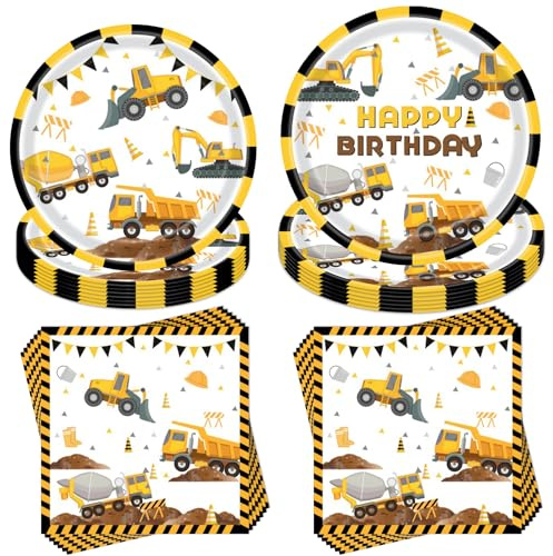 Lot de 40 vaisselle de fête sur le thème du chantier de construction, avec assiettes en carton, gobelets, serviettes, nappe, pailles, pour 10 invités