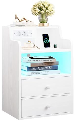 IRONCK Nachttisch LED mit Steckdose und Ladefunktion, Beistelltisch Holz, Nachtschrank mit 2 AC, 1 USB& 1 Type-C Anschlüsse, Sofatisch mit 2 Schubladen, Nachtkästchen Wohnzimmer,Schlafzimmer, Weiß