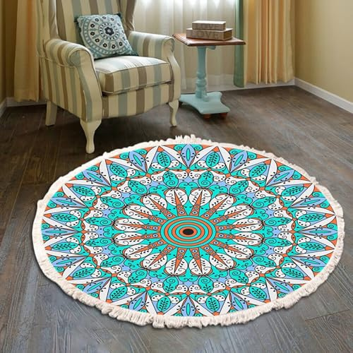 Homxi Teppich Flur Outdoor Rund 120 cm, Flickenteppich Polyester, Mandala-Blumenmuster mit Quasten, Bettvorleger Orange Türkis