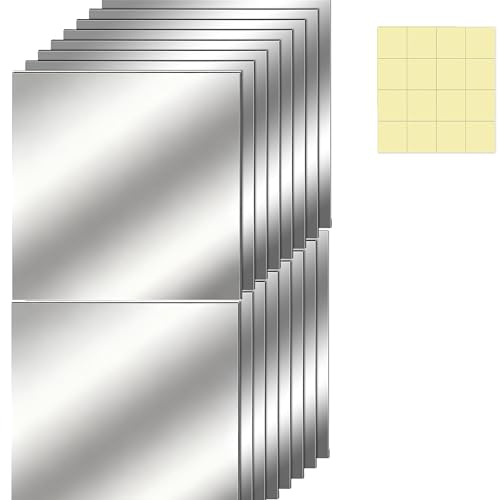 Mirror Tiles, Self Adhesive Wall Decor DWUENT Modern Aesthetic Design for Home, 16-Pack Acrylic Waterproof Stickers 15x15cm Silver Reflective Panels