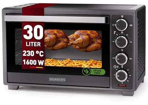 Heinrich´s Minibackofen mit Umluft 30L - Backofen klein mit Drehspieß, Airfryer-Einsatz inkl. Timer, Innenraumbeleuchtung, 100-230 °C, mit großem Sichtfenster, inkl. Zubehör, schwarz, 1600W