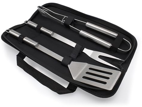 Rin & Rut Grillbesteck Set 3-teilig mit Tragetasche – Edelstahl | mit Zange, Wender & Gabel, BBQ & Camping Zubehör für Gasgrill & Holzkohlegrill