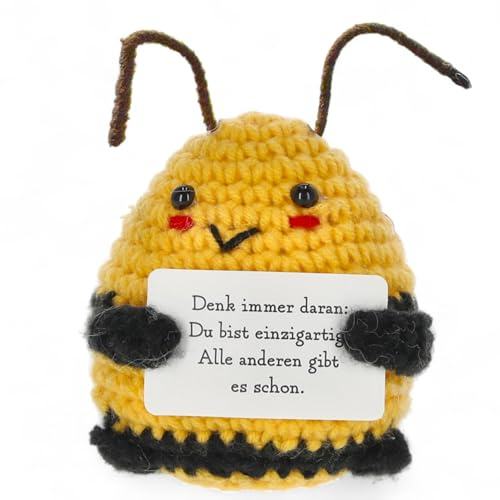 MIJOMA Glücksbringer Positive Friends – handgefertigte Häkelfiguren mit motivierenden Botschaften, ideal als Mitbringsel Wegbegleiter Mutmacher (Biene - Du bist einzigartig)