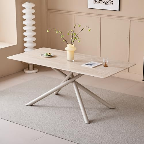 GrandCA HOME Mesa de Comedor Rectangular, Mesa de Cocina Moderna de 180 cm, Escritorio Grande de MDF con Patas de Metal, para Comedor, Sala de Estar, Oficina (Travertino Amarillo)