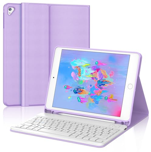 JADEMALL Coque Clavier pour iPad 6eme Generation 2018/iPad 5eme Generation 2017 9.7, Air 2/1 2014/2013, AZERTY Français Clavier Bluetooth avec Fente pour Stylo, Violet Clair
