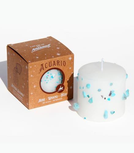 Las Velas de Mariano Velón Ritualizado Zodiacal Acuario, Cera Blanca, 14 x 5.5 cm, Cilíndrico, Diseño de Estrellas, Uso Espiritual y Meditación, Mecha de Algodón (Acuario)