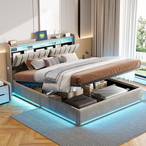 BestAlice Polsterbett 140x200 mit Ladestation und LED,Jugendbett, Doppelbett mit Stauraum Kopfteil und Zweistöckige offene Regale, Hydraulischem stauraumbett, Bettgestell mit Lattenrost,Samt,Grau