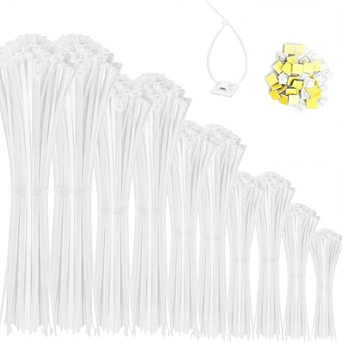 Juego de 1000 bridas blancas de 100/150/200/250/300 mm y 20 bases adhesivas, resistentes a los rayos UV, resistentes al calor, bridas de nailon, autobloqueantes, jardinería, hogar, talleres