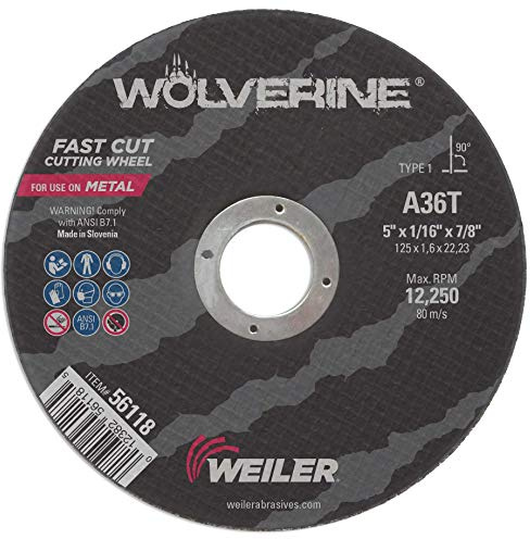 Weiler 56118 5 Inch Cutting Wheel, Wolverine AO Steel/Metal Fast Cutting, 1/16 A36T Type 1 7/8 Arbor, Pack of 100