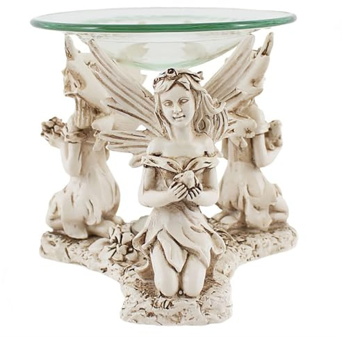 Whimsical White Resin Fairy Oil Burner - 11cm x 13cm (1 Pack) - Enchanting Trio of Fairies Design - Perfect for Home & Decor