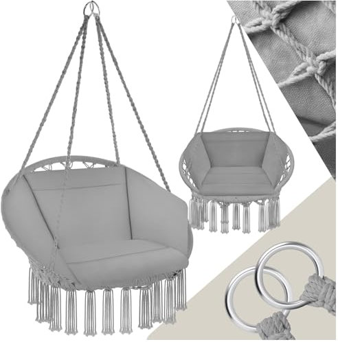 tectake® Hanging Egg Chair with Cushion, Suitable for Indoor Bedroom Decor as a Hanging Swing Chair or Outdoor Use as Balcony, Patio & Garden Furniture, Supports 150 kg - Grey