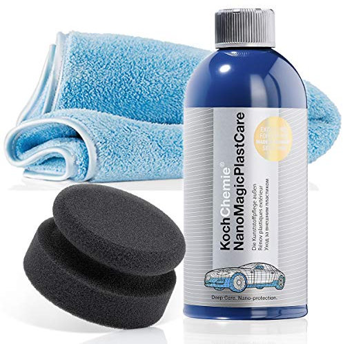 detailmate Koch Chemie - Set per la cura della plastica per l'esterno: NanoMagic Plastcare 0,5L + spugna per la lucidatura a mano morbida, a cellule fini Ø 90/50 mm + panno microfibra dettagliato