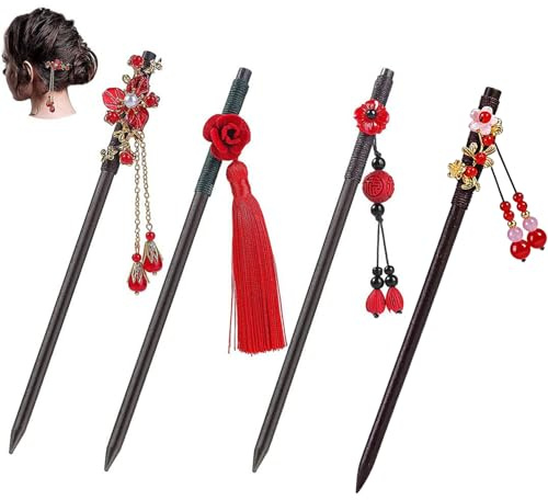 Srcasy 4 Stück Holz Haarnadeln, Vintage Chinesische Haarnadel, Chinesischer Haarstab aus Holz, Vintage Haarnadeln für Haare, Frauen Haarstäbchen, für Frauen Mädchen