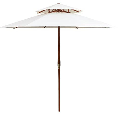 Makastle Sonnenschirm 270x270 cm mit Holzstange und Einzel-Seilzugsystem, Lüftungsöffnung, Doppeldach, 8 Rippen, Ampelschirm Marktschirm Gartenschirm Terrassenschirm, Weiß