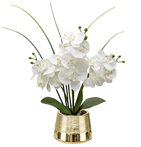 Oairse Artificial White Phalaenopsis Orchid Flower Arrangements Faux Orchid Flower in Gold Pot Orchid Centerpiece for Dining Room Table
