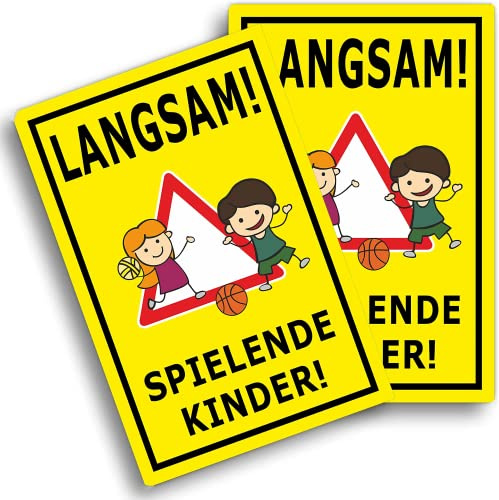 2 Stück - Achtung Kinder Schild (20x30 cm Kunststoff) - Warnschild spielende Kinder - Vorsicht Hier Spielen Kinder - Bitte langsam Fahren - BerpaHome