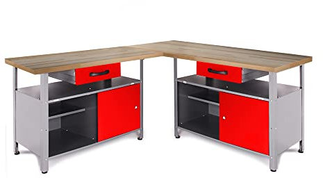 Ondis24 Werkstatt Set Ecklösung Simple One, Werkbank, 120 + 60 cm Buchenholzarbeitsplatte 27mm, Metall (Arbeitshöhe 85cm)