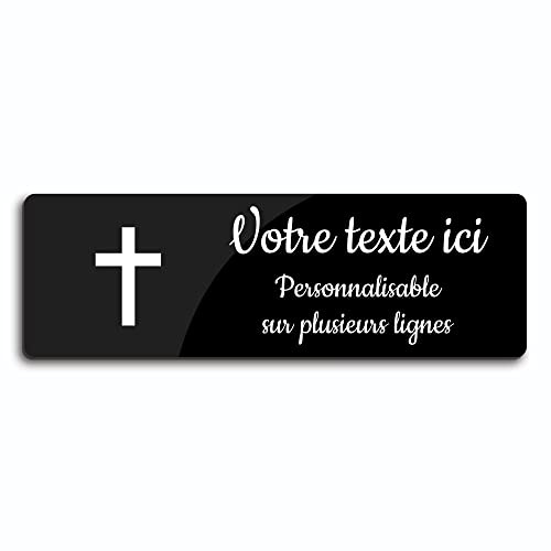 Placa grabada funeraria, diseño de cruz cristiana, autoadhesiva, modelo rectángulo (30x10 cm) personalizada, 1 a 3 líneas, color negro