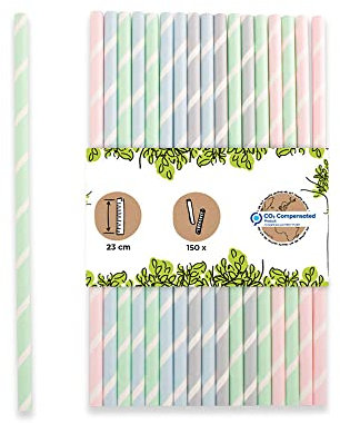 GREENBOX Cannucce jumbo di carta, lunghezza 23 cm, a righe pastello, Ø 0,8 cm, cannucce per feste o gastro, biodegradabili e senza plastica, in materiali riciclati, 150 pezzi