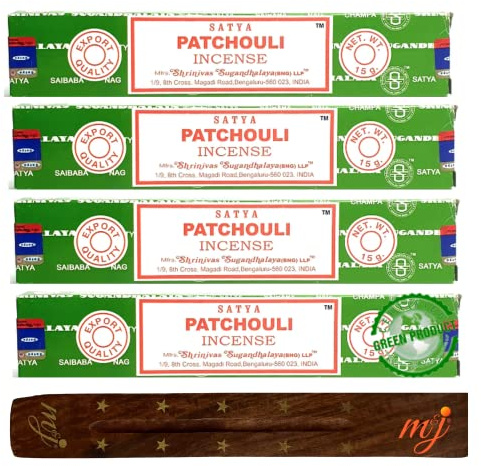 Original Satya Nag Champa Patchouli Incense Sticks | with M&J incense sticks holder | x4 pack | for Aromatherapy, Spa, Yoga, Weddings, Meditation, Healing, Positivity and Relaxation