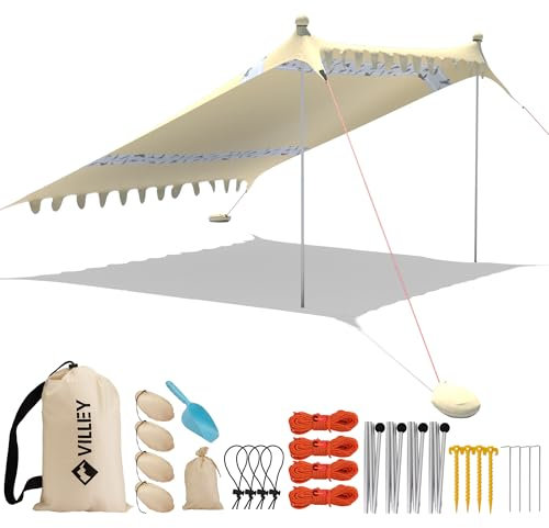 VILLEY Sonnenzelt 3m x 3,3m Lycra Strandzelt Khaki, UV Schutz UPF50+ Sonnenschutz Strand 6 Personen Zelt, Sonnenschirm Strand mit Sandsack und 4 Stützstäbe für Picknick, Angeln, Sonnenschutz