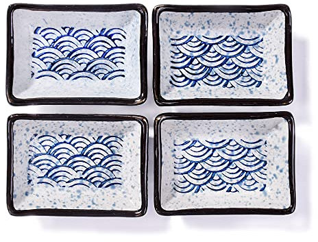 Juego de 4 platos de soja japoneses de cerámica rectangulares para sushi, diseño de olas azules