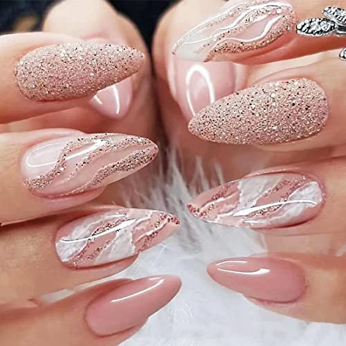 24 Stück Mittellange Kunstnägel in Rosa und Weiß Marmor- und Wirbel-Design mit Glitzer für Frauen und Mädchen - Tägliche Dekoration