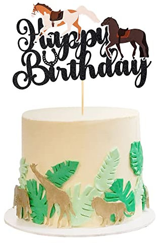 Gyufise 1Pcs Horse Happy Birthday Cake Topper Glitter Animal Horse Cake Pick for Equestrian Theme Baby Shower Kids Boys Girls Birthday Party Cake Decorations Supplies Black
