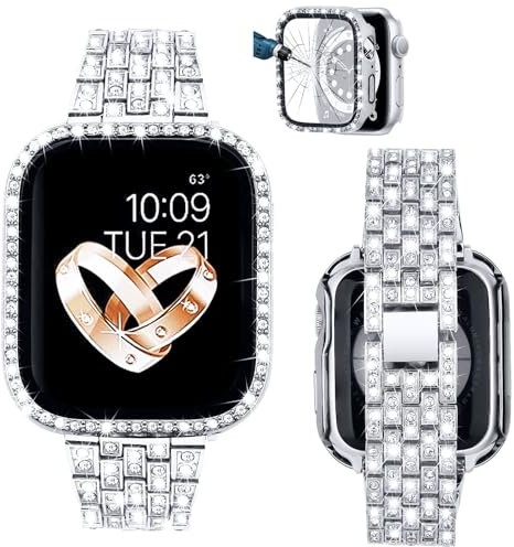 VISOOM Metallarmband Kompatibel mit Apple Watch Armband 44mm Series SE 6 5 4 für Damen, Mode Elegant Glitzer Schmuck Armbänder mit Diamant Schutzhülle für iWatch Armband - Silber